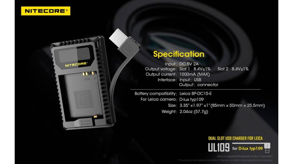 Nitecore UL109 Digital Dual Slot USB Travel Battery Charger for Leica D-LUX TYP109, Black, 6952506492640