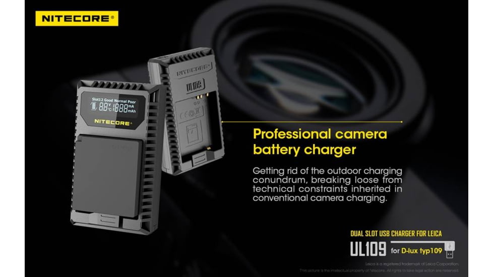 Nitecore UL109 Digital Dual Slot USB Travel Battery Charger for Leica D-LUX TYP109, Black, 6952506492640
