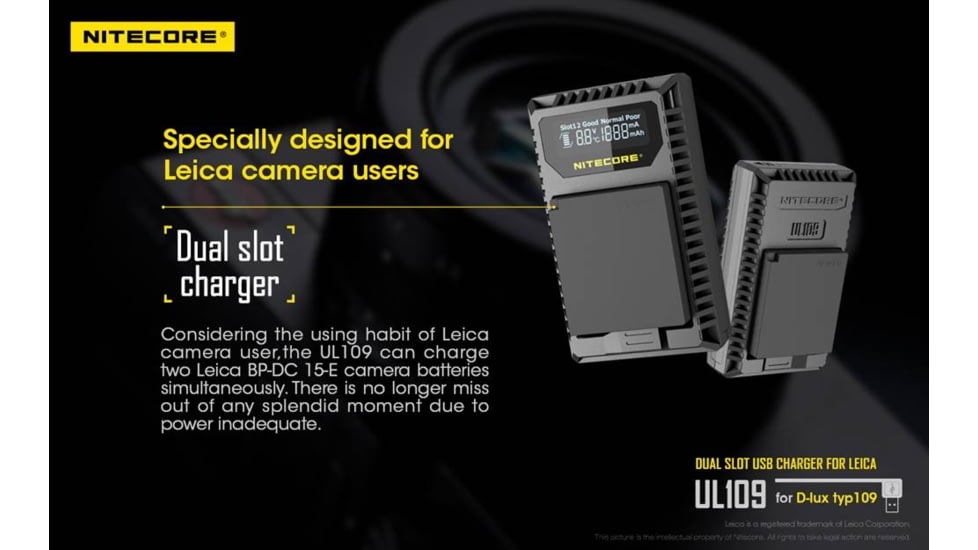 Nitecore UL109 Digital Dual Slot USB Travel Battery Charger for Leica D-LUX TYP109, Black, 6952506492640