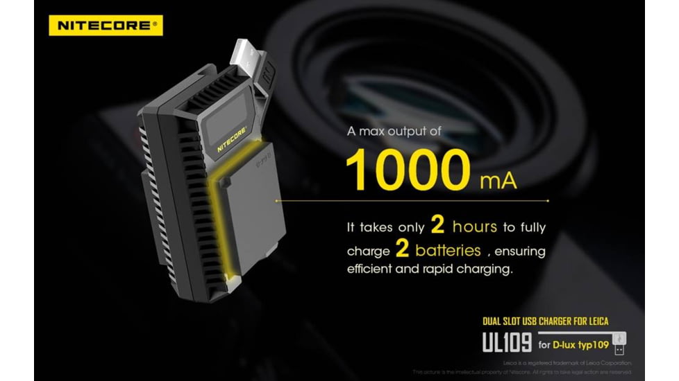 Nitecore UL109 Digital Dual Slot USB Travel Battery Charger for Leica D-LUX TYP109, Black, 6952506492640