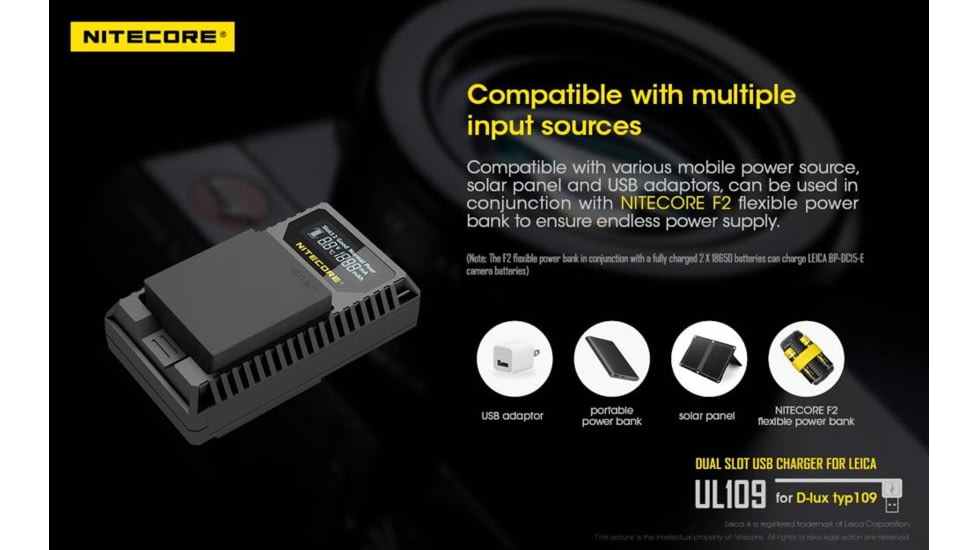 Nitecore UL109 Digital Dual Slot USB Travel Battery Charger for Leica D-LUX TYP109, Black, 6952506492640