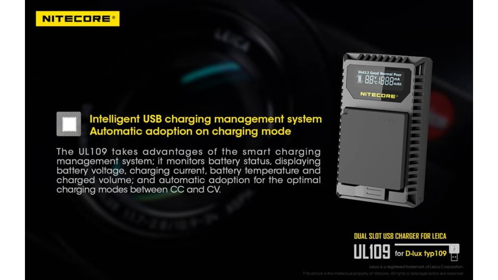 Nitecore UL109 Digital Dual Slot USB Travel Battery Charger for Leica D-LUX TYP109, Black, 6952506492640