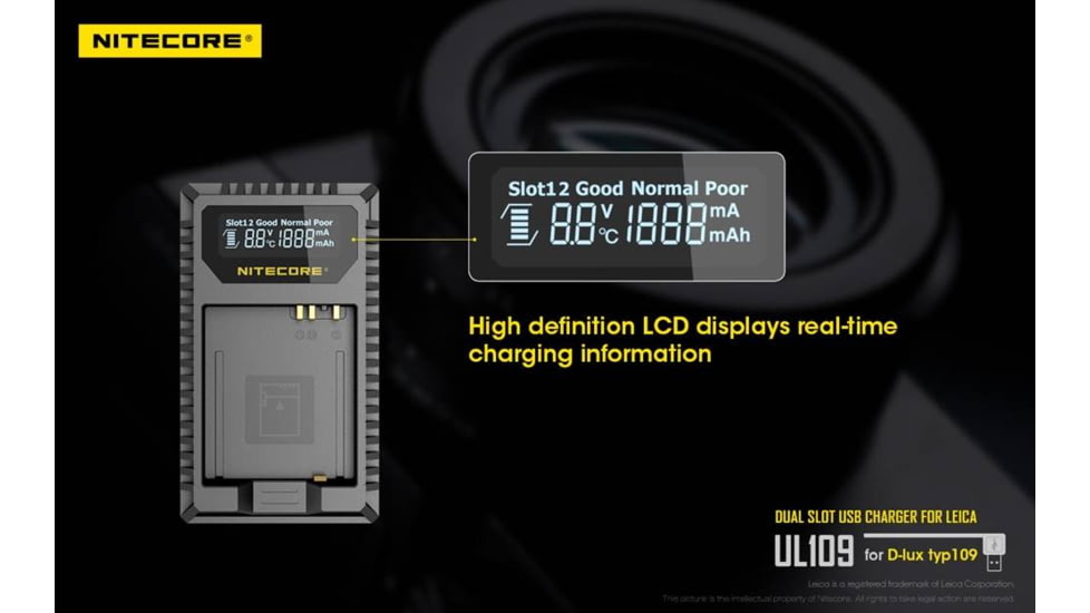 Nitecore UL109 Digital Dual Slot USB Travel Battery Charger for Leica D-LUX TYP109, Black, 6952506492640