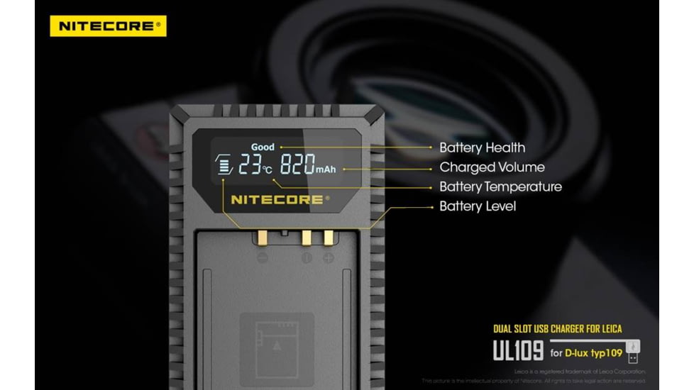 Nitecore UL109 Digital Dual Slot USB Travel Battery Charger for Leica D-LUX TYP109, Black, 6952506492640