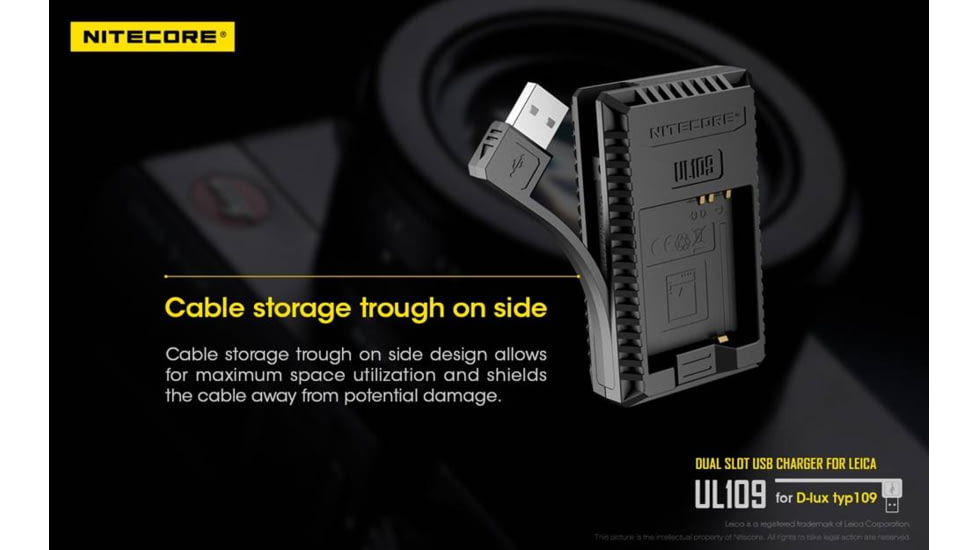 Nitecore UL109 Digital Dual Slot USB Travel Battery Charger for Leica D-LUX TYP109, Black, 6952506492640