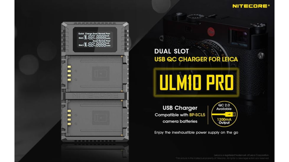 Nitecore ULM10 Pro Digital QuickCharge 2.0 USB Battery Charger for Leica BP-SCL5 Batteries, Black, 6952506492725