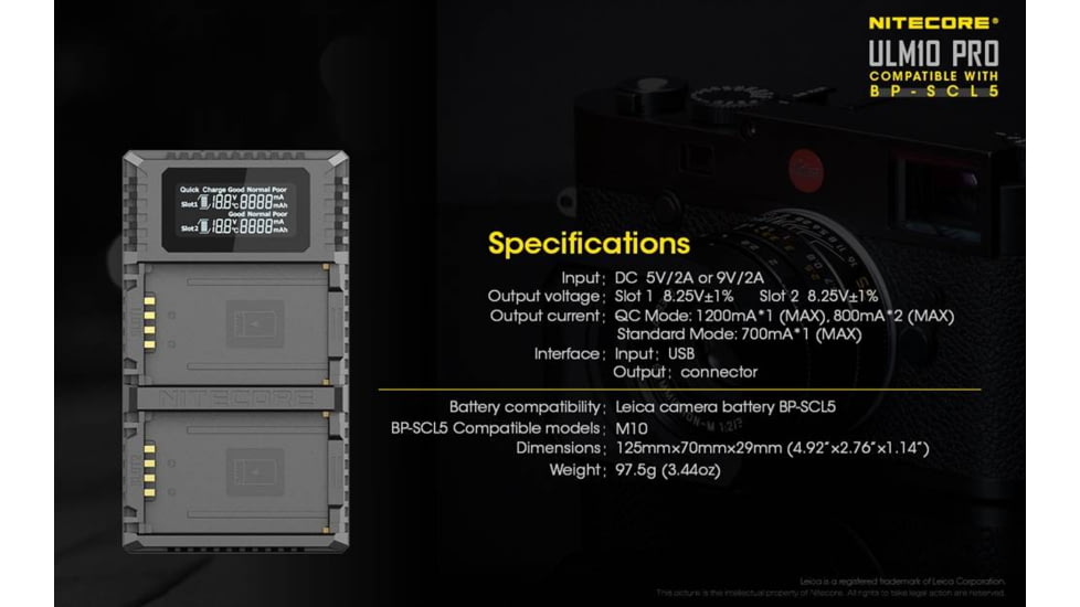 Nitecore ULM10 Pro Digital QuickCharge 2.0 USB Battery Charger for Leica BP-SCL5 Batteries, Black, 6952506492725