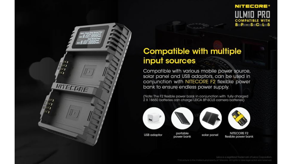 Nitecore ULM10 Pro Digital QuickCharge 2.0 USB Battery Charger for Leica BP-SCL5 Batteries, Black, 6952506492725