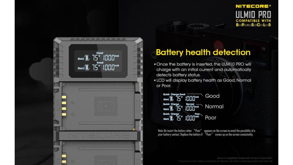 Nitecore ULM10 Pro Digital QuickCharge 2.0 USB Battery Charger for Leica BP-SCL5 Batteries, Black, 6952506492725