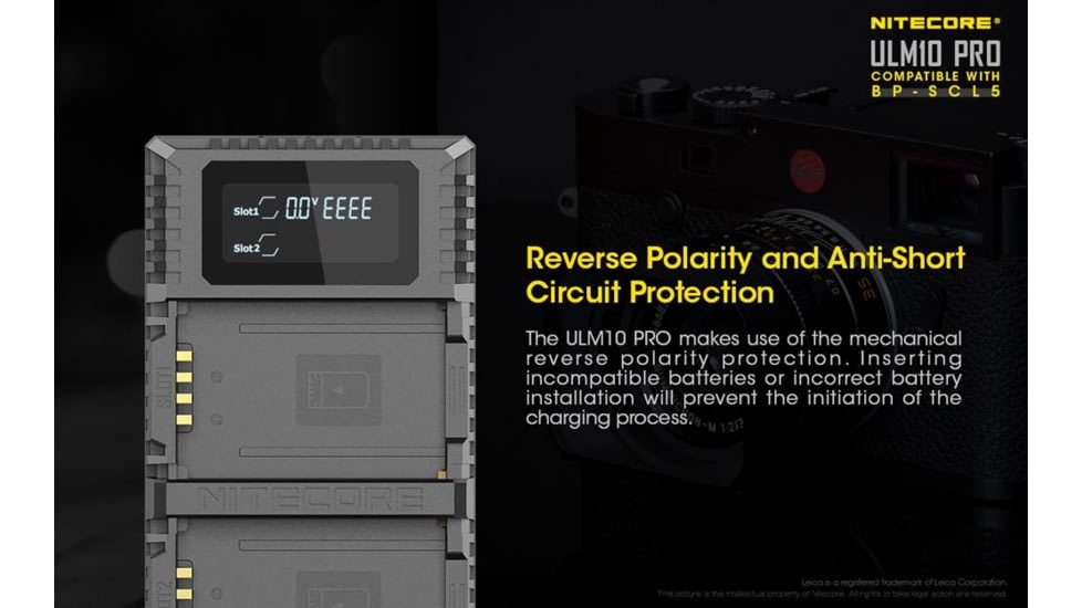 Nitecore ULM10 Pro Digital QuickCharge 2.0 USB Battery Charger for Leica BP-SCL5 Batteries, Black, 6952506492725