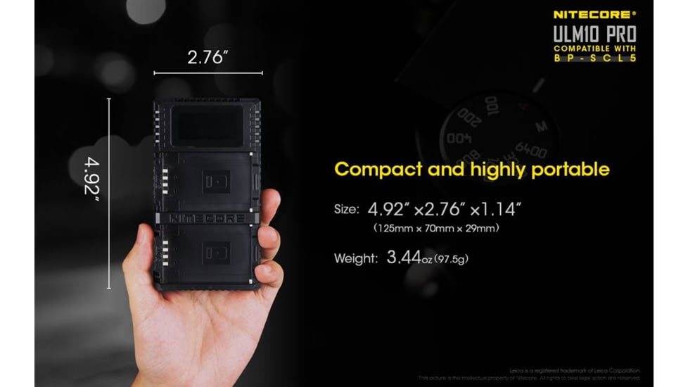 Nitecore ULM10 Pro Digital QuickCharge 2.0 USB Battery Charger for Leica BP-SCL5 Batteries, Black, 6952506492725