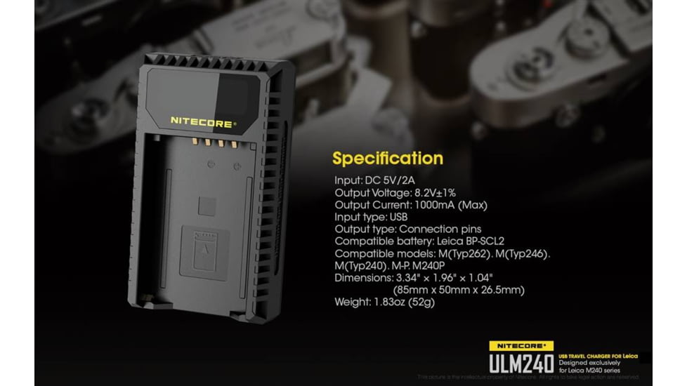 Nitecore ULM240 Leica Digital USB Battery Charger for BP-SCL2 Camera Batteries, Black, 6952506491810