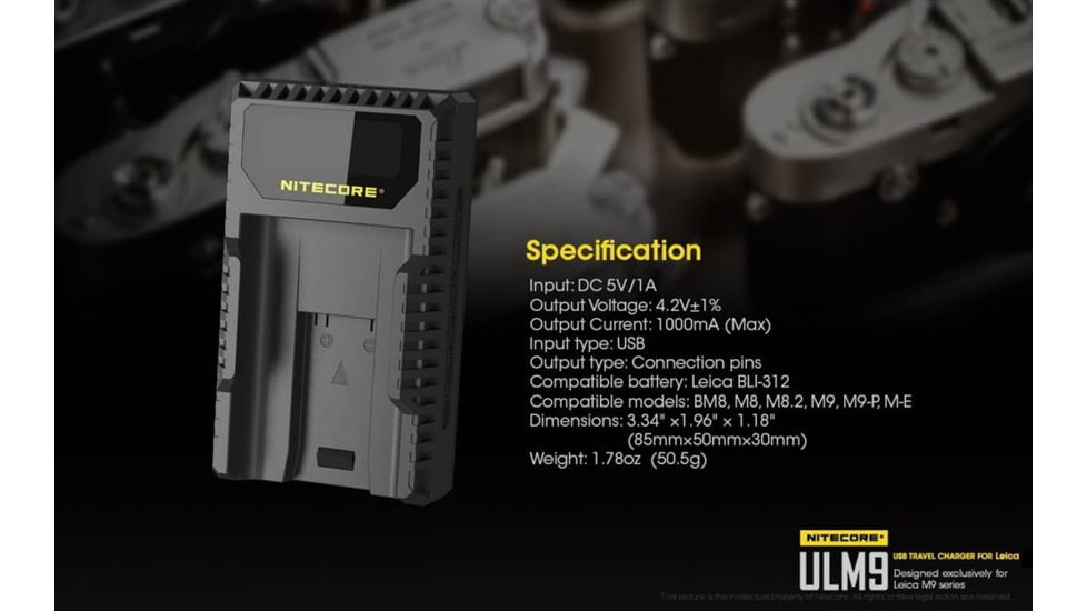 Nitecore ULM9 Leica Camera Battery Charger for BLI-312 Batteries, Black, 6952506491803