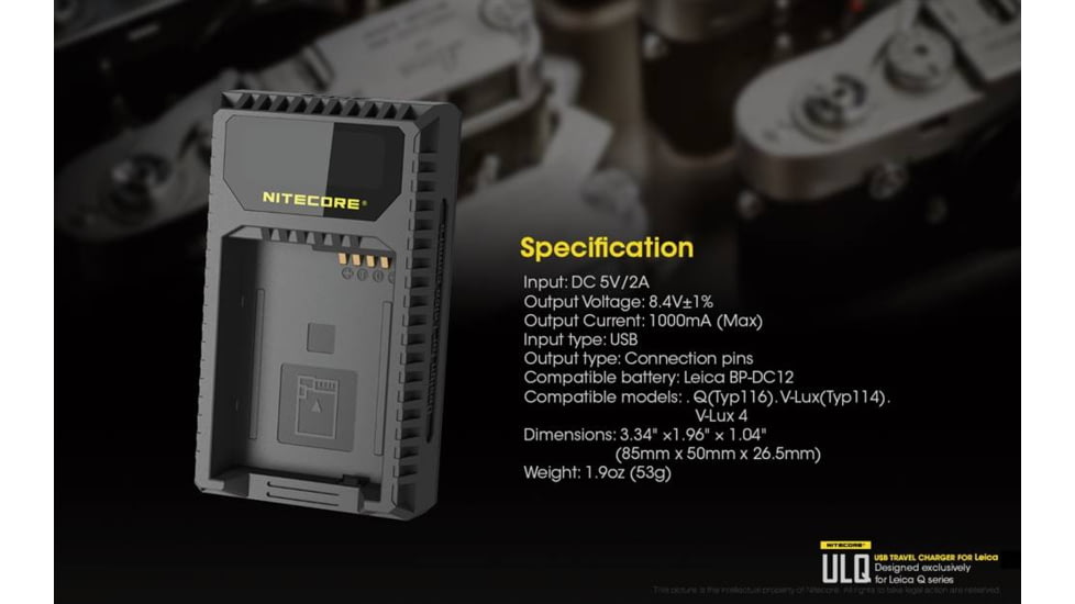 Nitecore ULQ Leica Digital USB Battery Charger for BP-DC12 Camera Batteries, Black, 6952506491827