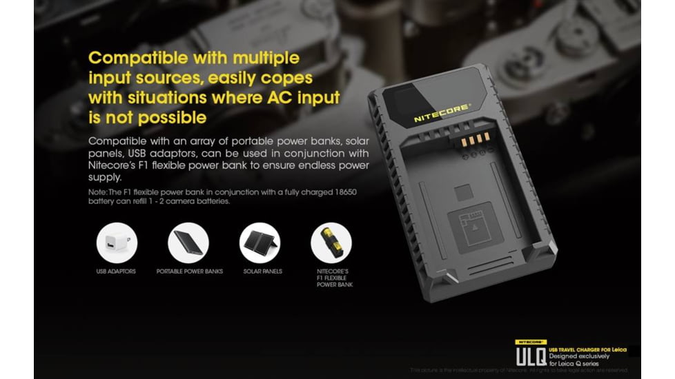 Nitecore ULQ Leica Digital USB Battery Charger for BP-DC12 Camera Batteries, Black, 6952506491827
