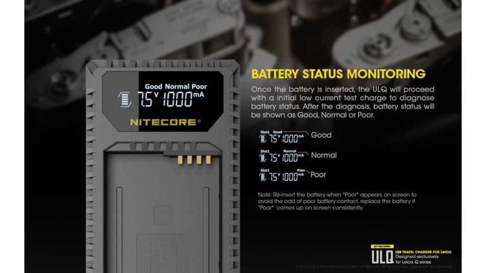 Nitecore ULQ Leica Digital USB Battery Charger for BP-DC12 Camera Batteries, Black, 6952506491827