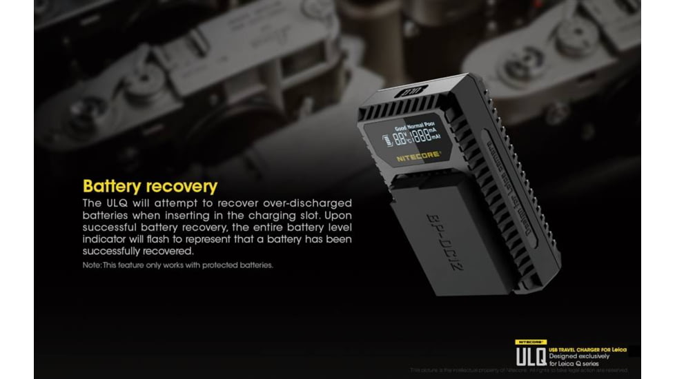Nitecore ULQ Leica Digital USB Battery Charger for BP-DC12 Camera Batteries, Black, 6952506491827