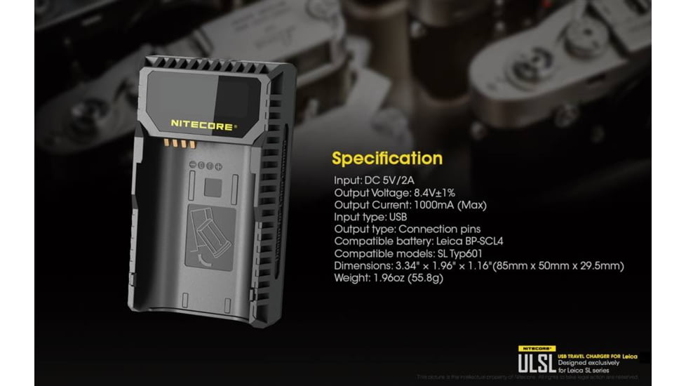 Nitecore ULSL Leica Digital USB Battery Charger for BP-SCL4 Camera Batteries, Black, 6952506491834