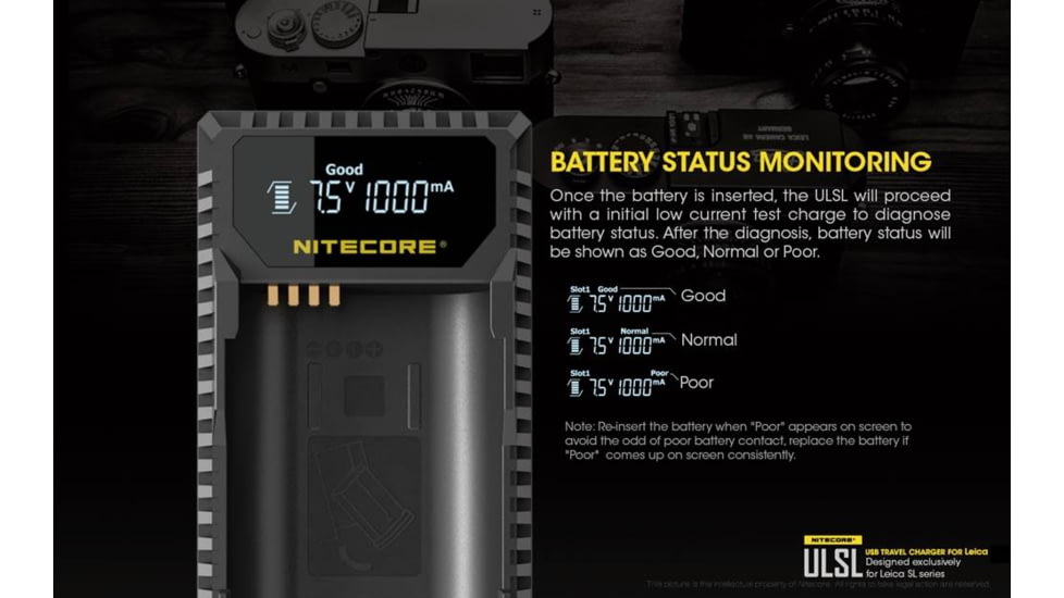 Nitecore ULSL Leica Digital USB Battery Charger for BP-SCL4 Camera Batteries, Black, 6952506491834
