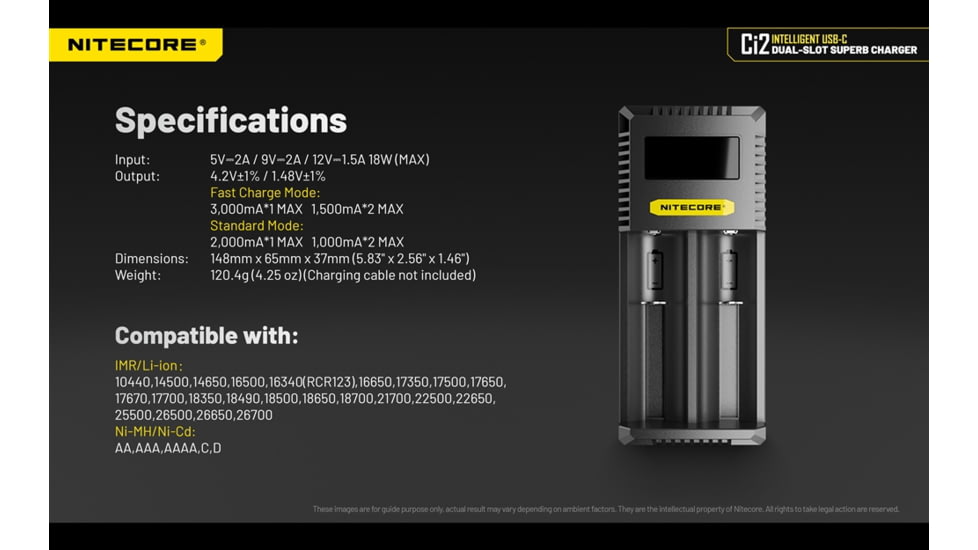 Nitecore Universal Battery Charger, Ci2, Dual-Slot, Black, 6952506495351