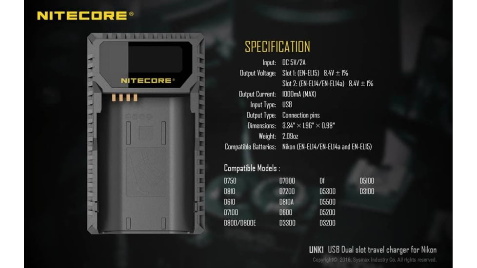 Nitecore UNK1 Nikon Camera Battery Charger for EN-EL14, EN-EL14a and EN-EL15 Batteries, Black, 6952506491780