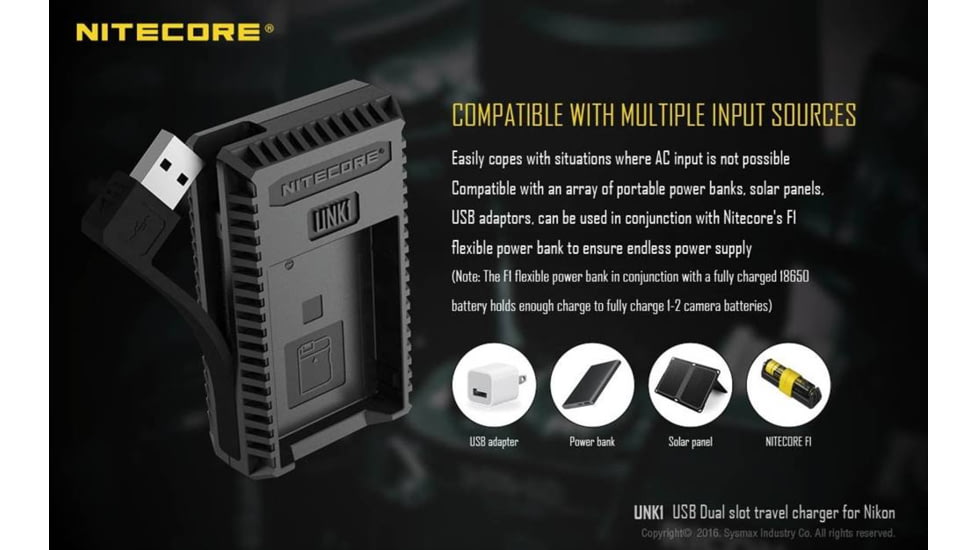 Nitecore UNK1 Nikon Camera Battery Charger for EN-EL14, EN-EL14a and EN-EL15 Batteries, Black, 6952506491780