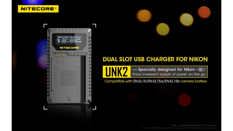 Nitecore UNK2 Dual Port USB Digital Charger for Nikon Batteries EN-EL15, Black, 6952506492671