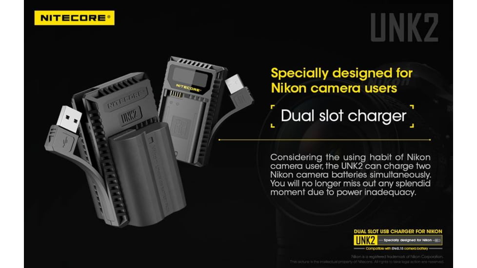 Nitecore UNK2 Dual Port USB Digital Charger for Nikon Batteries EN-EL15, Black, 6952506492671