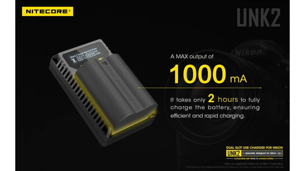 Nitecore UNK2 Dual Port USB Digital Charger for Nikon Batteries EN-EL15, Black, 6952506492671