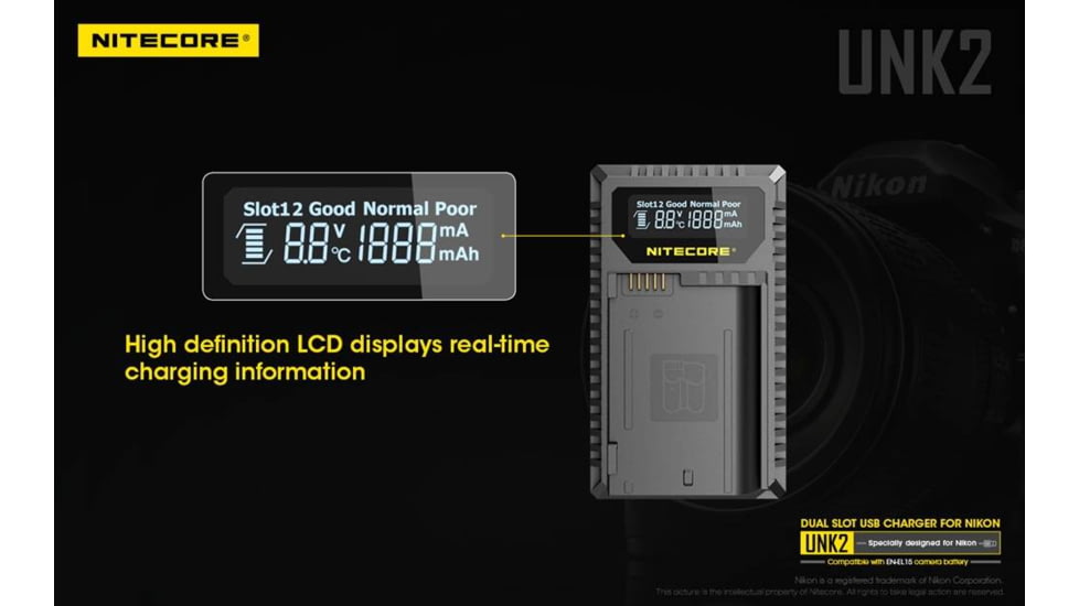 Nitecore UNK2 Dual Port USB Digital Charger for Nikon Batteries EN-EL15, Black, 6952506492671