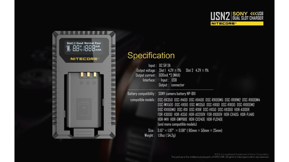 Nitecore USN2 Sony Camera Battery Charger for NP-BX1 Batteries, Black, 6952506492626
