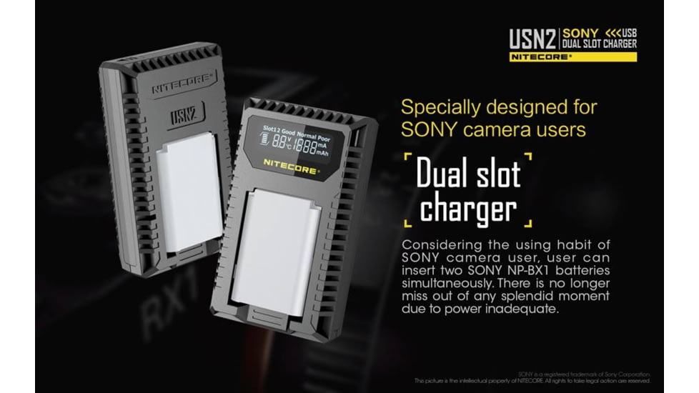Nitecore USN2 Sony Camera Battery Charger for NP-BX1 Batteries, Black, 6952506492626