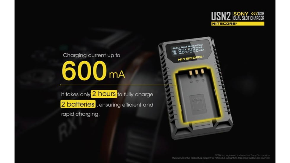 Nitecore USN2 Sony Camera Battery Charger for NP-BX1 Batteries, Black, 6952506492626