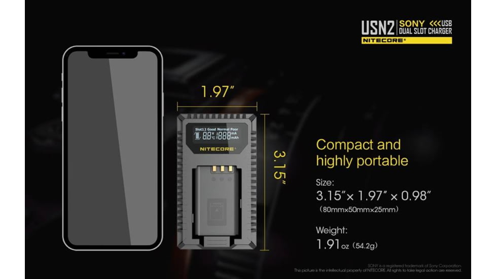 Nitecore USN2 Sony Camera Battery Charger for NP-BX1 Batteries, Black, 6952506492626