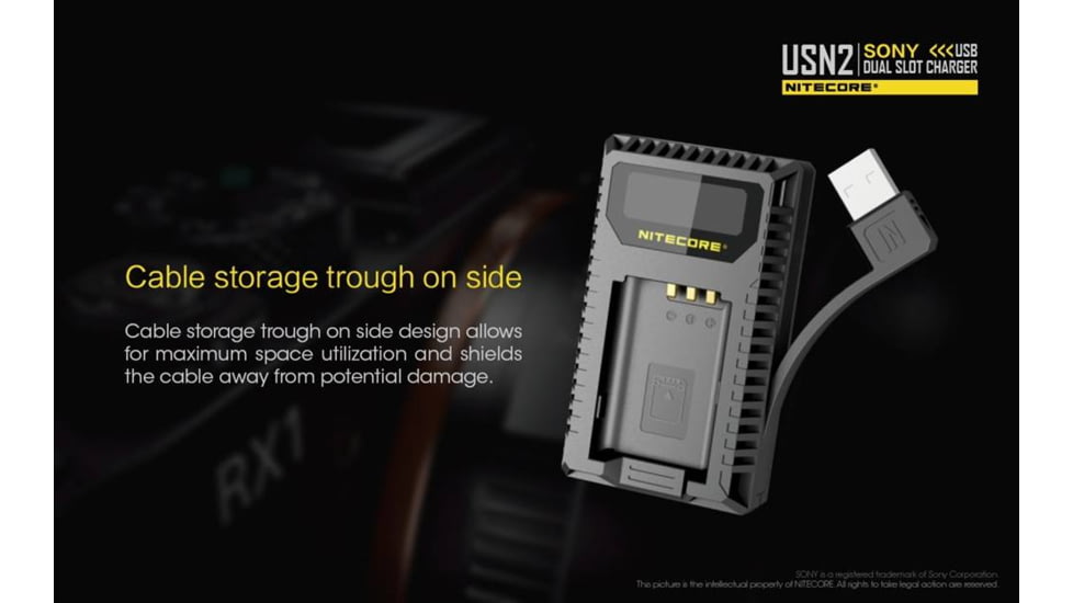 Nitecore USN2 Sony Camera Battery Charger for NP-BX1 Batteries, Black, 6952506492626
