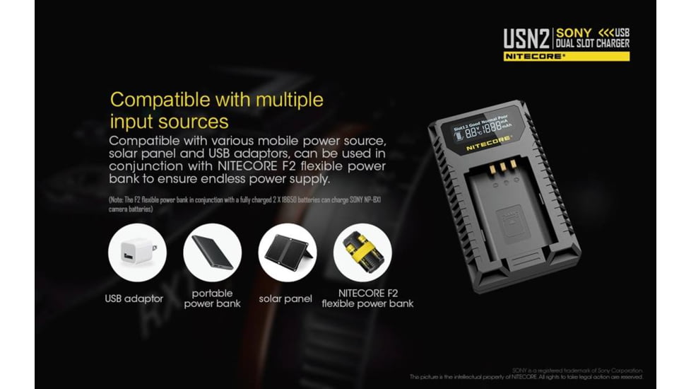Nitecore USN2 Sony Camera Battery Charger for NP-BX1 Batteries, Black, 6952506492626