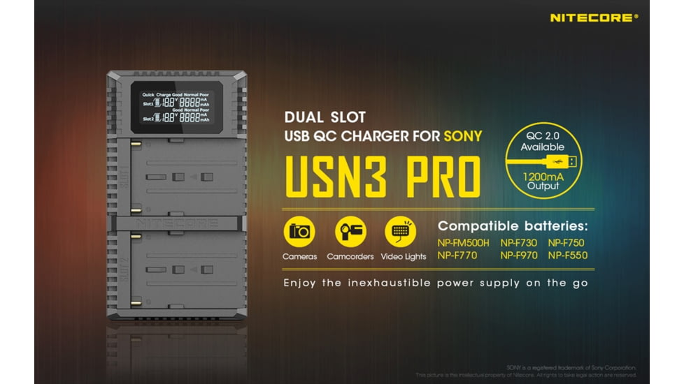Nitecore USN3 Pro Dual-Slot Fast Digital USB Charger for Sony Camera Batteries, Black, 6952506492862