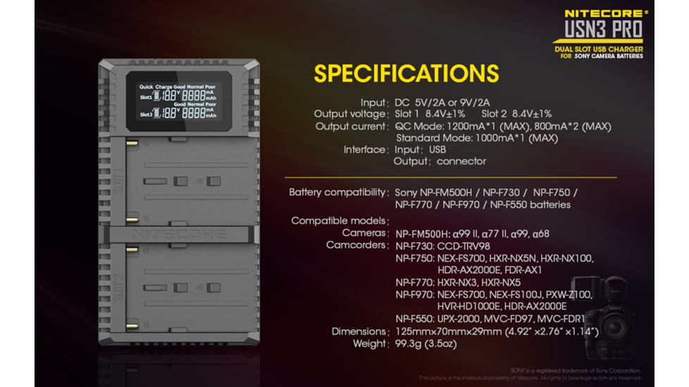 Nitecore USN3 Pro Dual-Slot Fast Digital USB Charger for Sony Camera Batteries, Black, 6952506492862