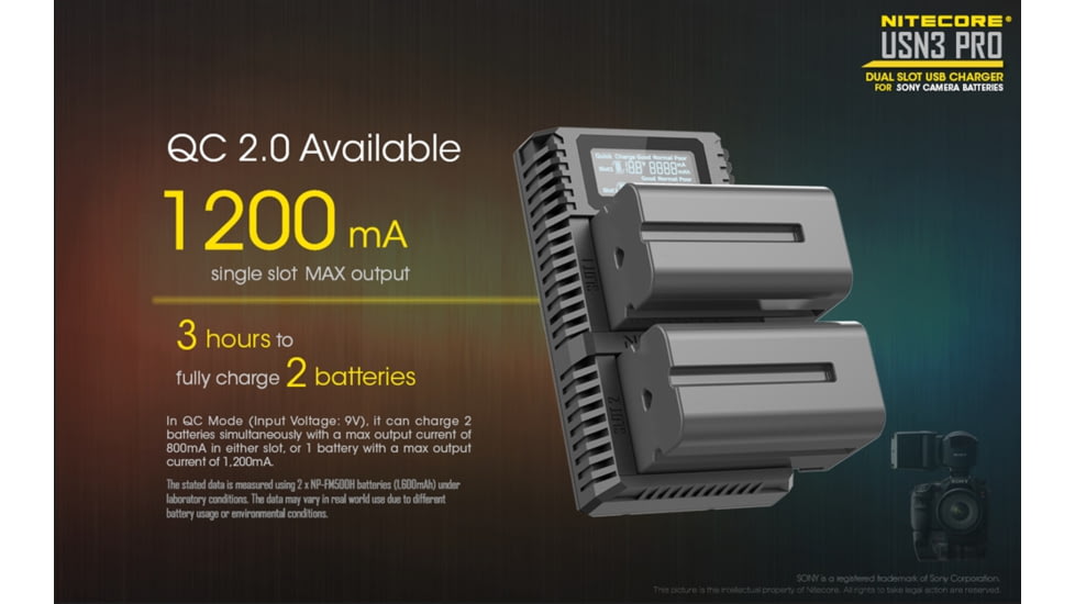 Nitecore USN3 Pro Dual-Slot Fast Digital USB Charger for Sony Camera Batteries, Black, 6952506492862