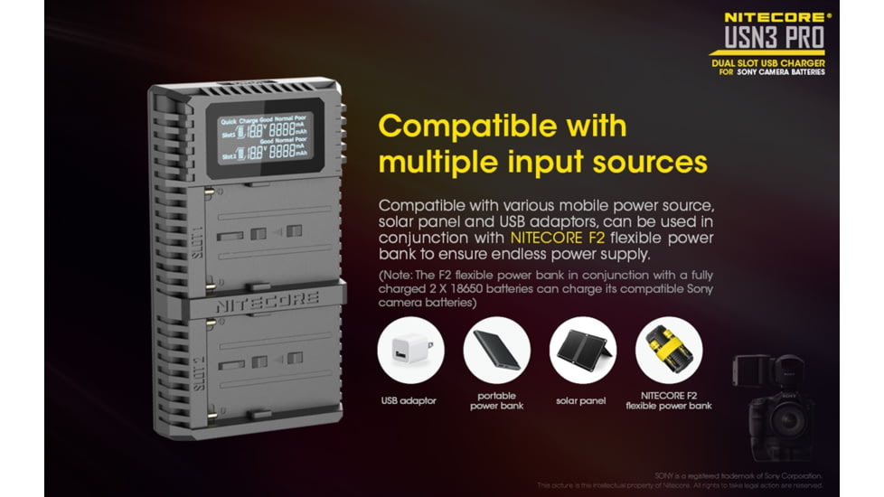 Nitecore USN3 Pro Dual-Slot Fast Digital USB Charger for Sony Camera Batteries, Black, 6952506492862