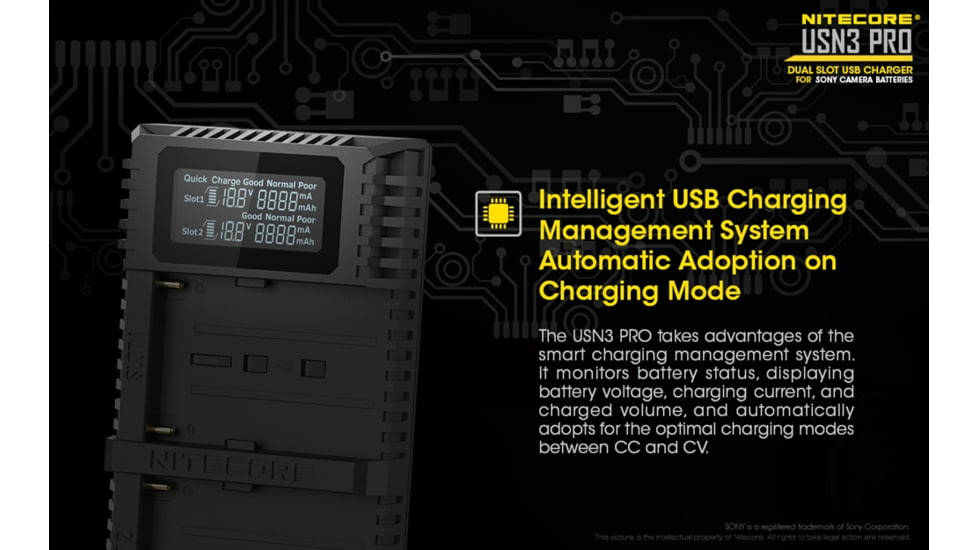 Nitecore USN3 Pro Dual-Slot Fast Digital USB Charger for Sony Camera Batteries, Black, 6952506492862