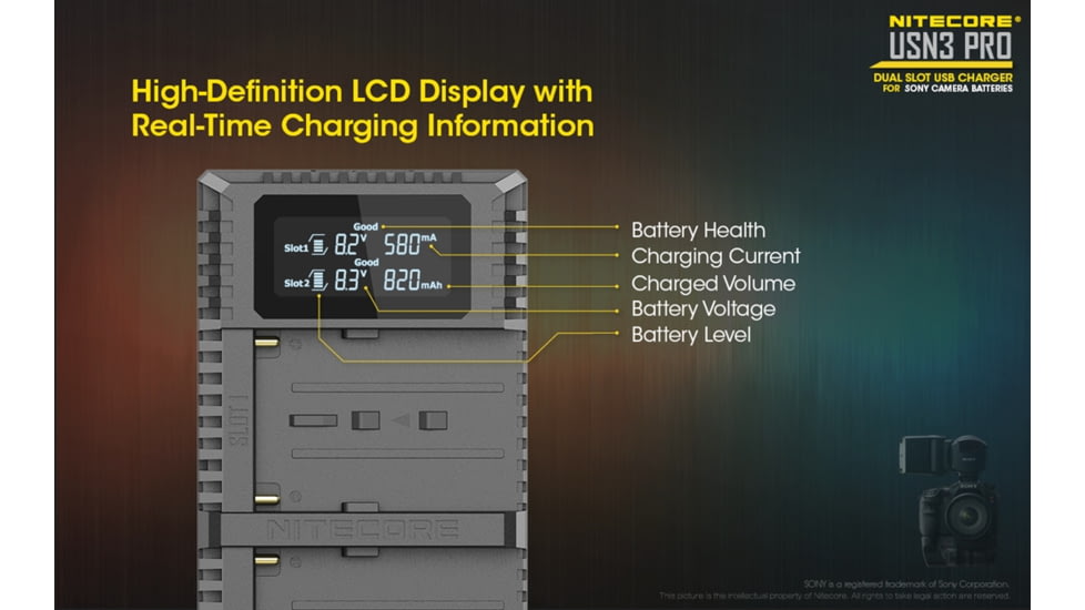Nitecore USN3 Pro Dual-Slot Fast Digital USB Charger for Sony Camera Batteries, Black, 6952506492862