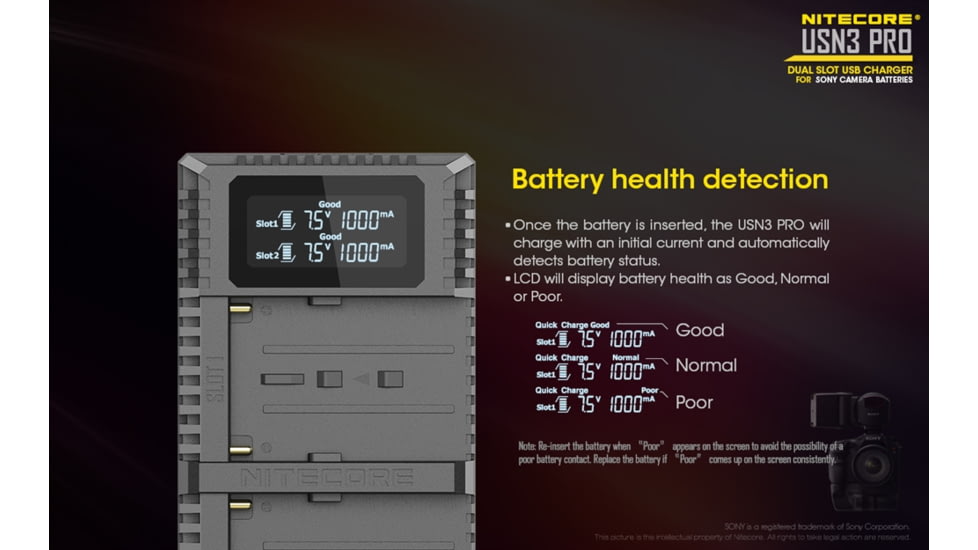 Nitecore USN3 Pro Dual-Slot Fast Digital USB Charger for Sony Camera Batteries, Black, 6952506492862