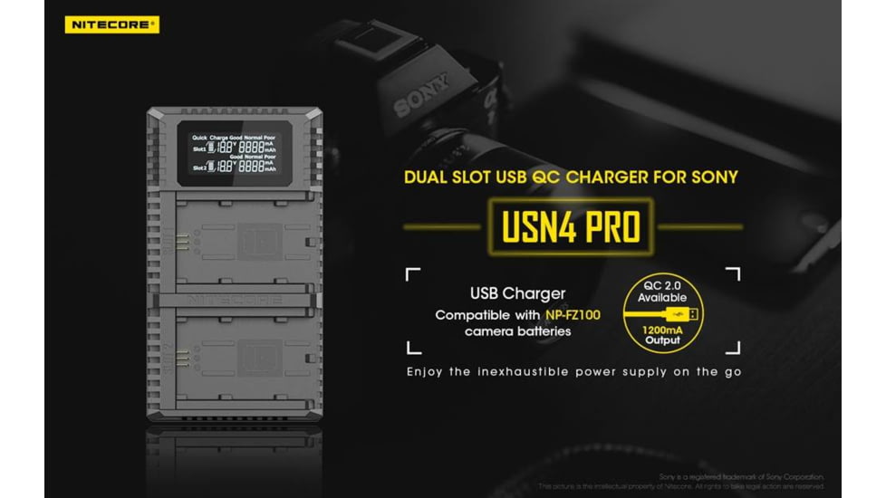 Nitecore USN4 Pro Digital QuickCharge 2.0 USB Battery Charger for Sony NP-FZ100 Batteries, Black, 6952506492701
