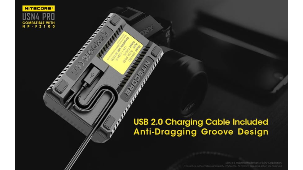 Nitecore USN4 Pro Digital QuickCharge 2.0 USB Battery Charger for Sony NP-FZ100 Batteries, Black, 6952506492701