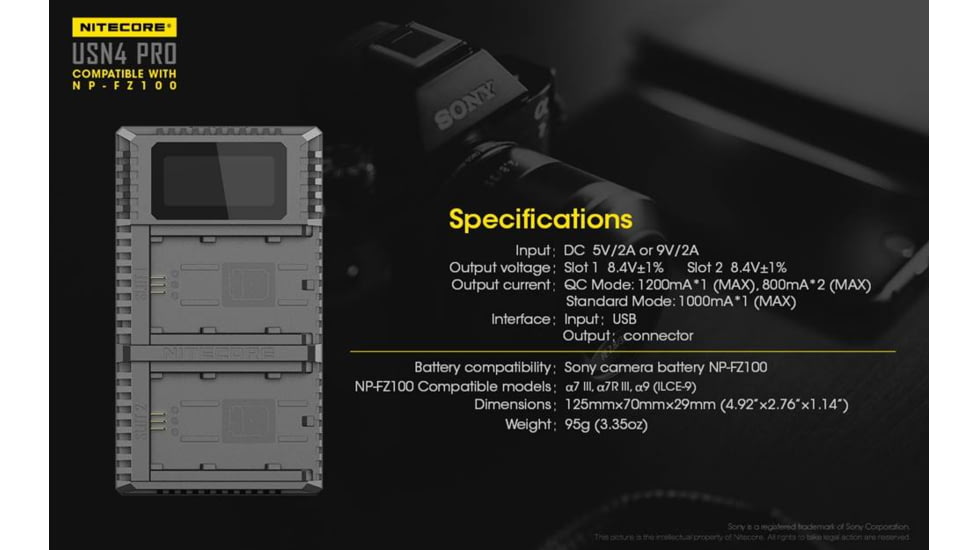 Nitecore USN4 Pro Digital QuickCharge 2.0 USB Battery Charger for Sony NP-FZ100 Batteries, Black, 6952506492701