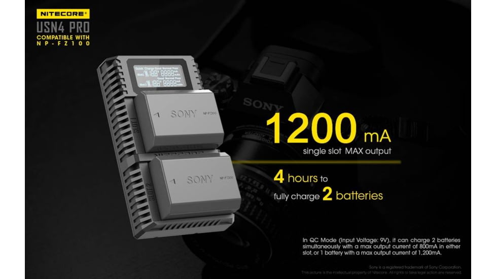 Nitecore USN4 Pro Digital QuickCharge 2.0 USB Battery Charger for Sony NP-FZ100 Batteries, Black, 6952506492701