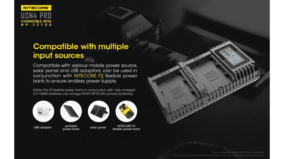 Nitecore USN4 Pro Digital QuickCharge 2.0 USB Battery Charger for Sony NP-FZ100 Batteries, Black, 6952506492701