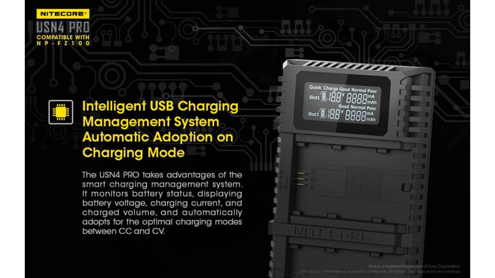 Nitecore USN4 Pro Digital QuickCharge 2.0 USB Battery Charger for Sony NP-FZ100 Batteries, Black, 6952506492701