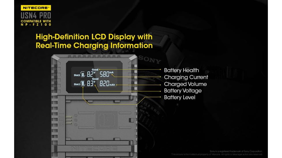 Nitecore USN4 Pro Digital QuickCharge 2.0 USB Battery Charger for Sony NP-FZ100 Batteries, Black, 6952506492701